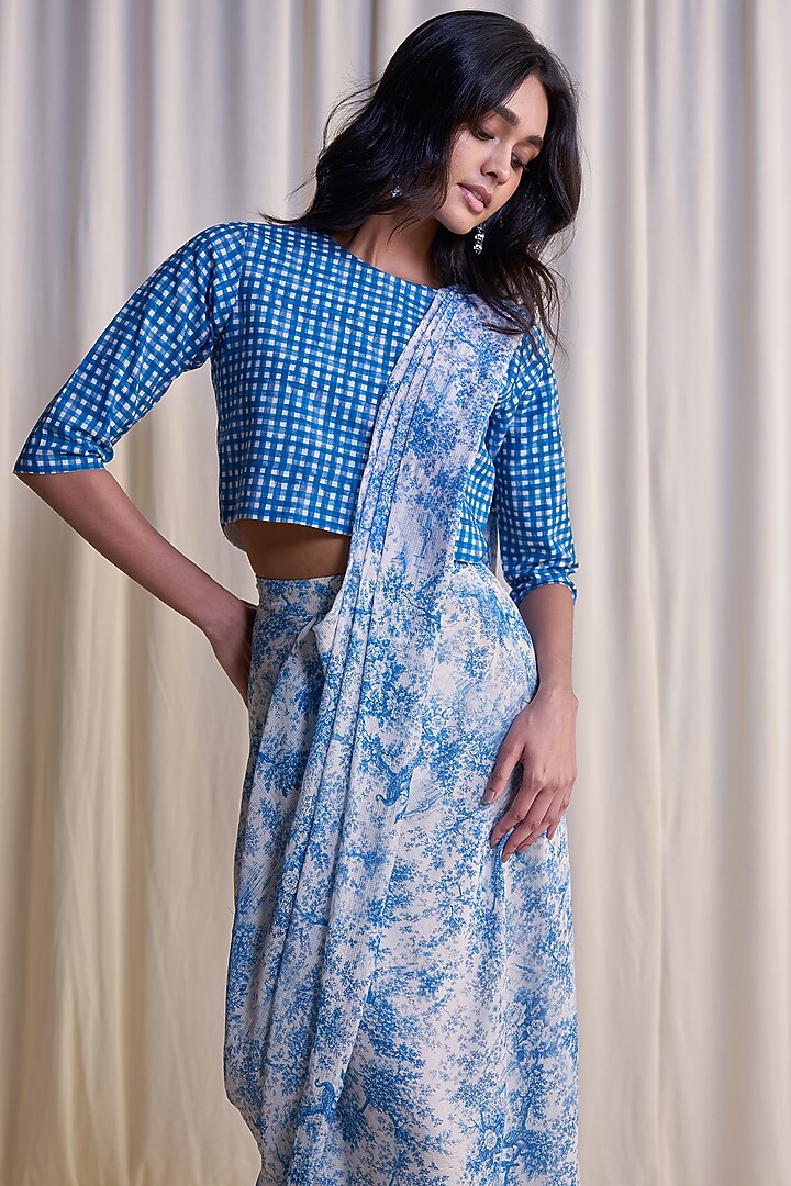 Blue & White Organic Cotton Brushstroke Printed Cropped Shirt by Dash and Dot at Pernia's Pop Up Shop