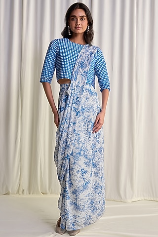 Blue & White Viscose Printed Draped Skirt by Dash and Dot