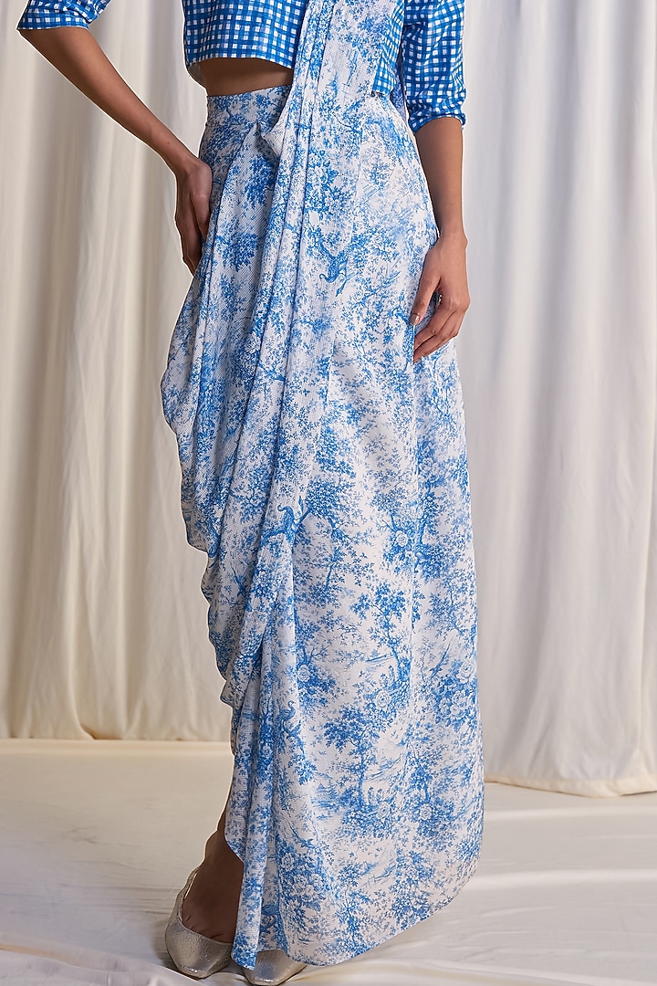Blue & White Viscose Printed Draped Skirt by Dash and Dot at Pernia's Pop Up Shop