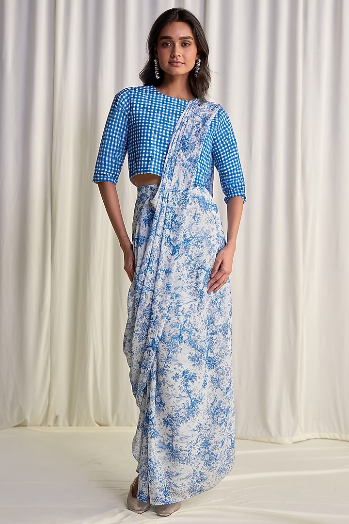 White & Blue Nylon Printed Skirt Set by Dash and Dot at Pernia's Pop Up Shop