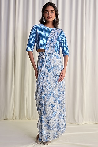 White & Blue Nylon Printed Skirt Set by Dash and Dot