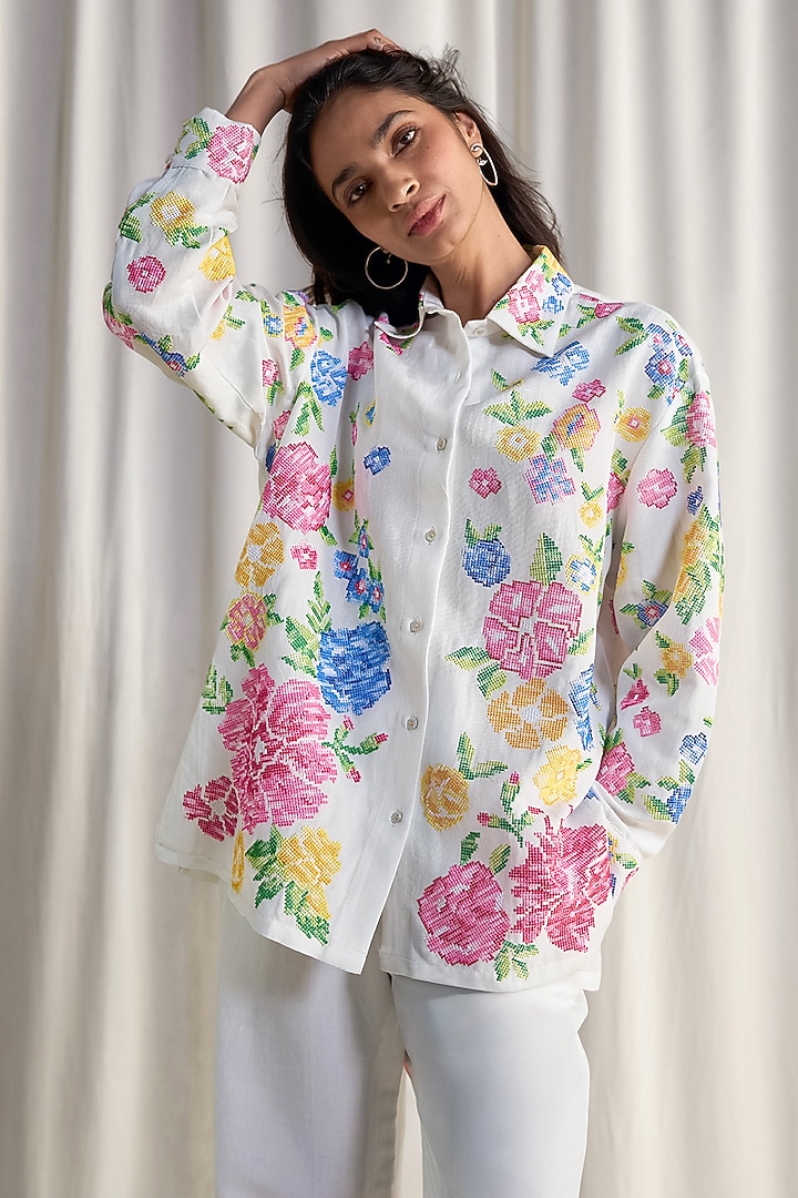 Multi-Colored Linen Floral Motif Embroidered Shirt by Dash and Dot at Pernia's Pop Up Shop