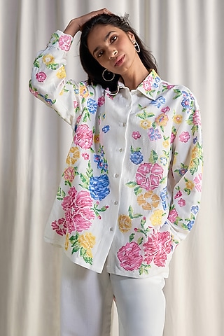Multi-Colored Linen Floral Motif Embroidered Shirt by Dash and Dot