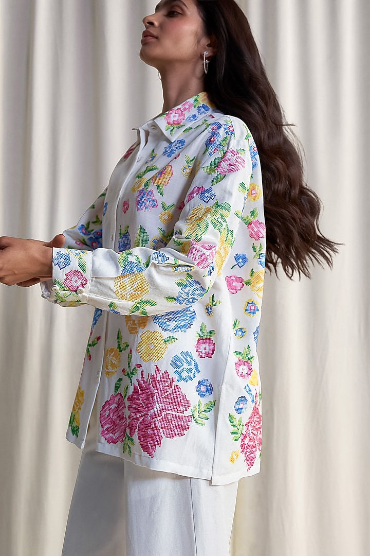 Multi-Colored Linen Floral Motif Embroidered Shirt by Dash and Dot at Pernia's Pop Up Shop