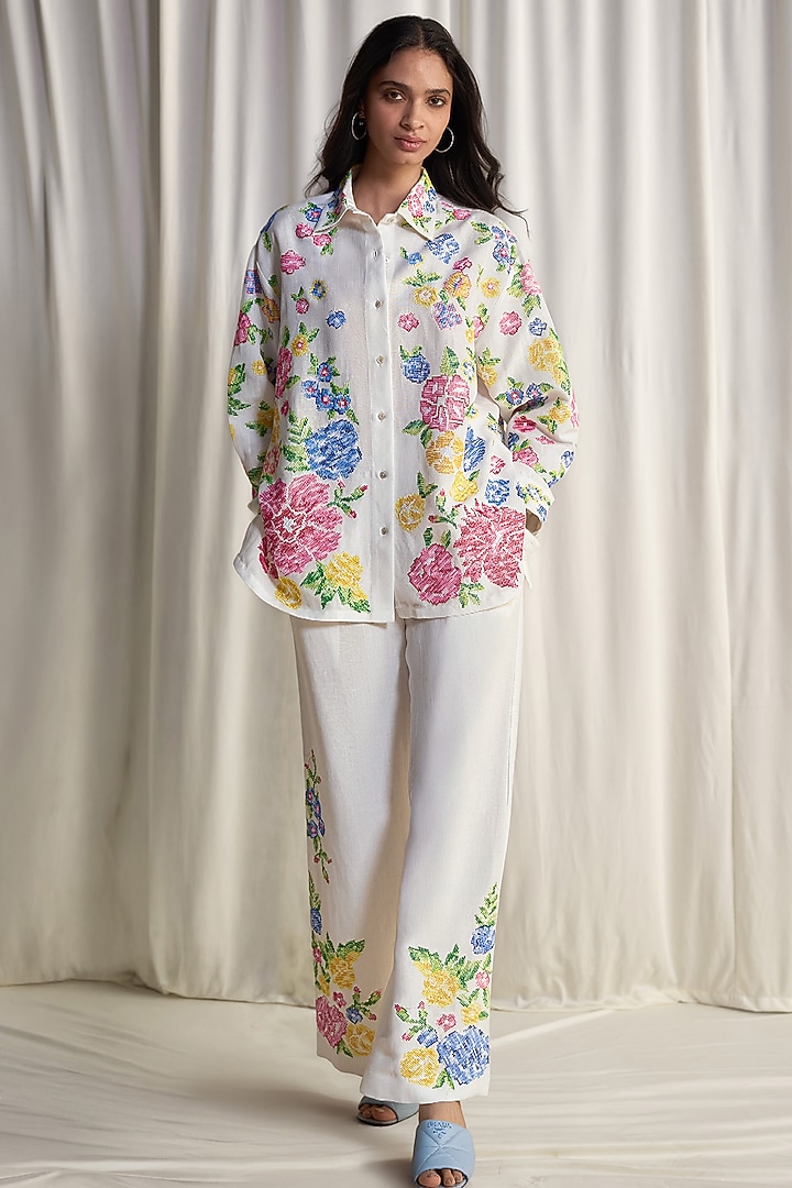 Multi-Colored Linen Floral Motif Embroidered Shirt by Dash and Dot at Pernia's Pop Up Shop