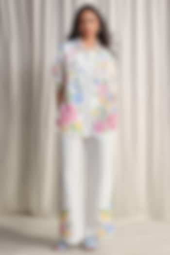 Ivory Organic Linen Floral Embroidered Straight Pants by Dash and Dot at Pernia's Pop Up Shop