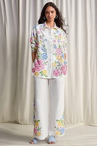 Ivory Organic Linen Floral Embroidered Straight Pants by Dash and Dot