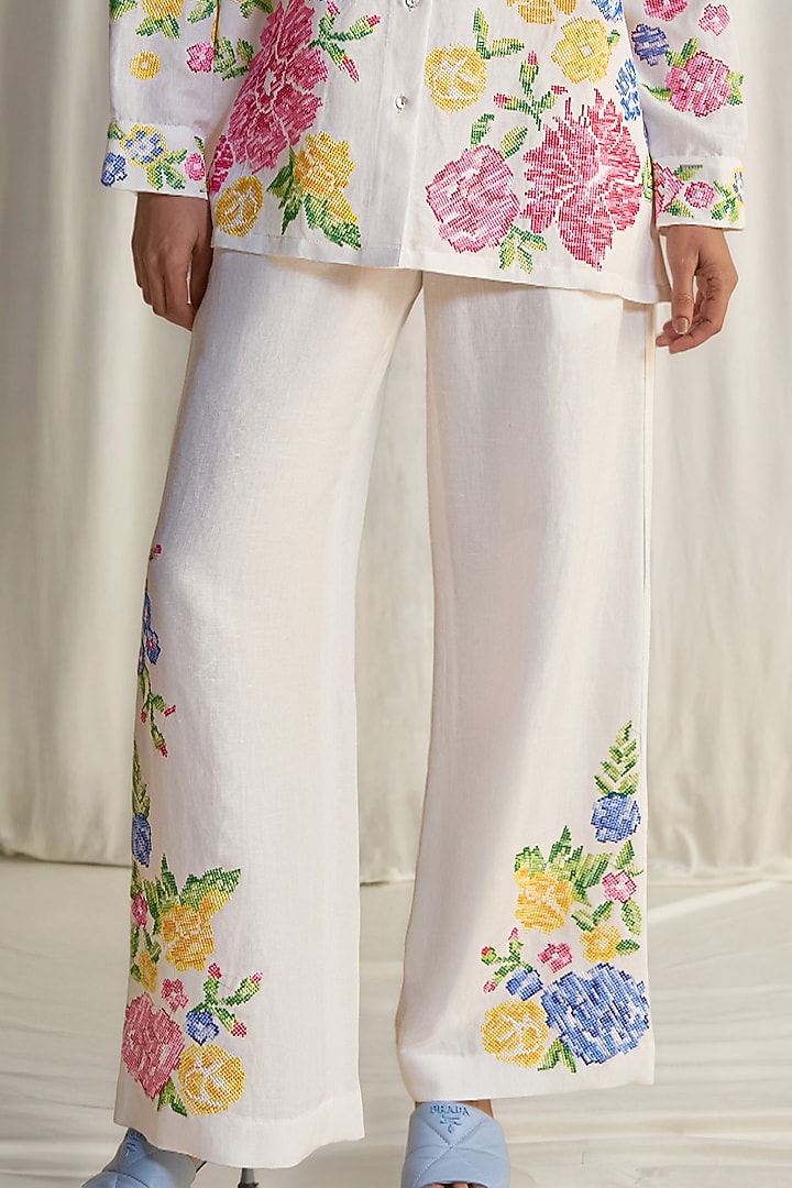 Ivory Organic Linen Floral Embroidered Straight Pants by Dash and Dot at Pernia's Pop Up Shop
