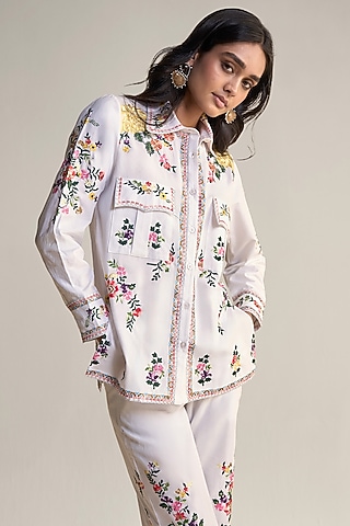 Multi-Colored Organic Poplin Thread Embroidered Shirt by Dash and Dot