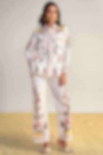 Ivory Poplin Floral Embroidered Straight Pants by Dash and Dot at Pernia's Pop Up Shop