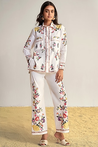 Ivory Poplin Floral Embroidered Straight Pants by Dash and Dot