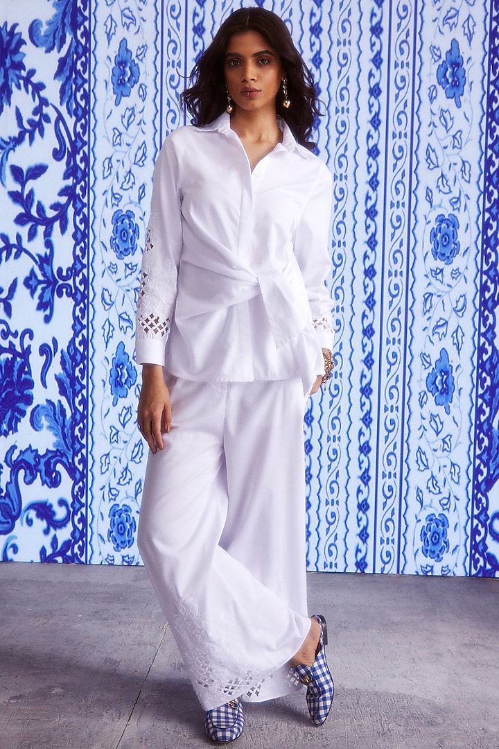 White Cotton Poplin Embroidered Co-Ord Set by Dash and Dot at Pernia's Pop Up Shop