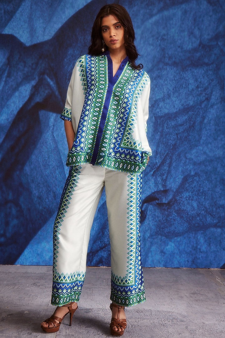 White & Blue Polyester Printed Co-Ord Set by Dash and Dot at Pernia's Pop Up Shop