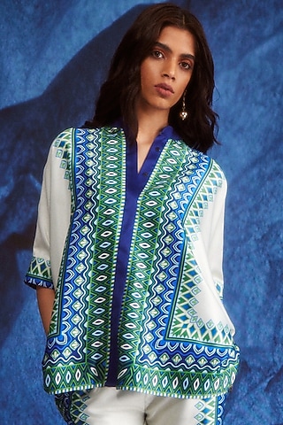 White & Blue Polyester Printed Shirt by Dash and Dot