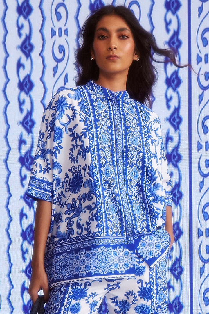 White & Blue Polyester Printed Boxy Shirt by Dash and Dot