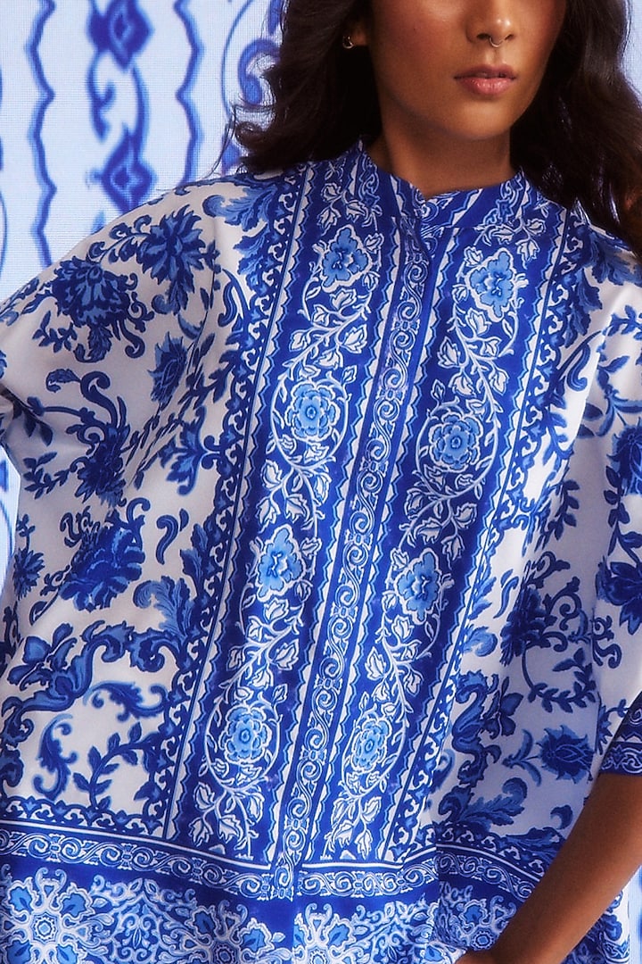 White & Blue Polyester Printed Boxy Shirt by Dash and Dot at Pernia's Pop Up Shop