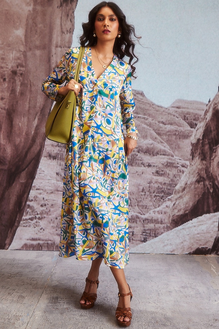 Multi-Colored Polyester Printed Midi Dress by Dash and Dot