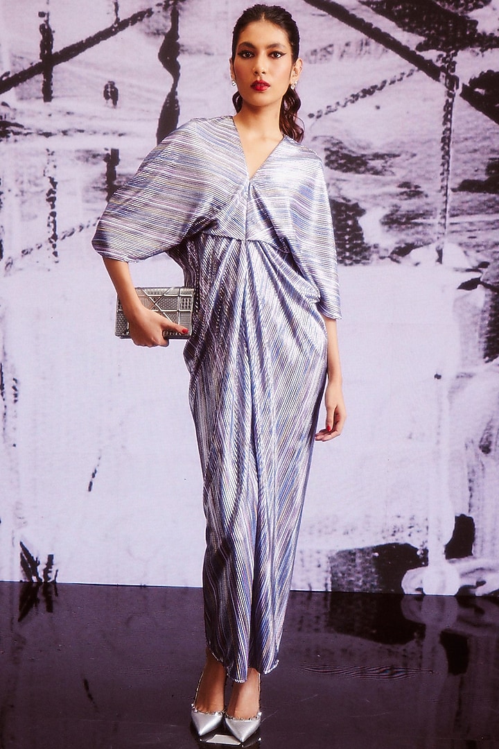 Silver Pleated Foil Cowl Maxi Summer Dress by Dash and Dot at Pernia's Pop Up Shop
