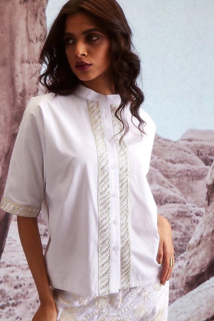 White Cotton Poplin Embroidered Shirt by Dash and Dot