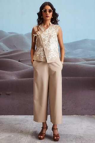 Khaki Polyester & Viscose Embroidered Waistcoat Set by Dash and Dot