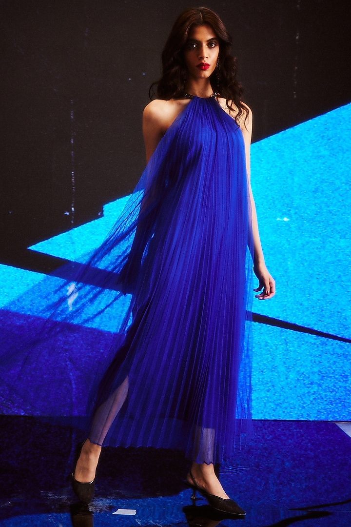 Royal Blue Tulle Pleated Halter Maxi Dress by Dash and Dot