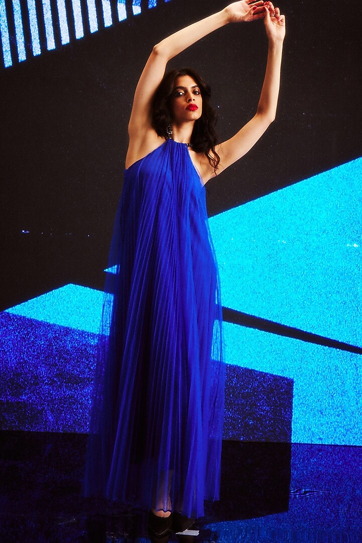 Royal Blue Tulle Pleated Halter Maxi Summer Dress by Dash and Dot at Pernia's Pop Up Shop
