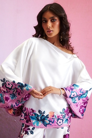 White Polyester Floral Printed One-Shoulder Top by Dash and Dot