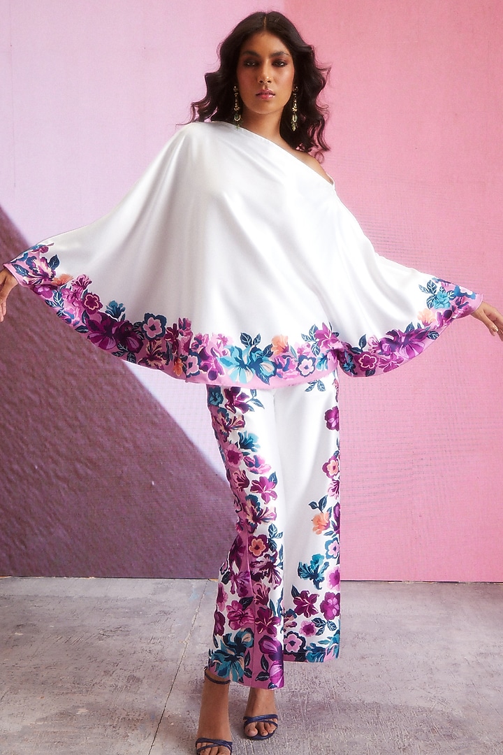 White Polyester Floral Printed One-Shoulder Top by Dash and Dot at Pernia's Pop Up Shop