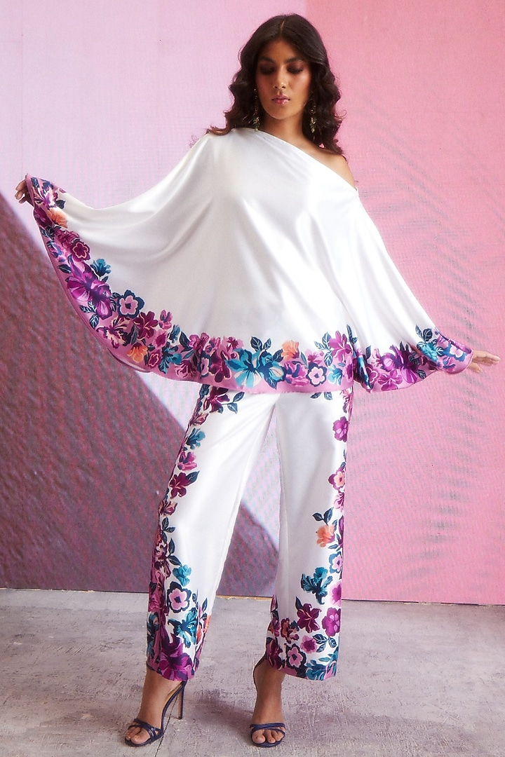 White Polyester Floral Printed One-Shoulder Top by Dash and Dot at Pernia's Pop Up Shop