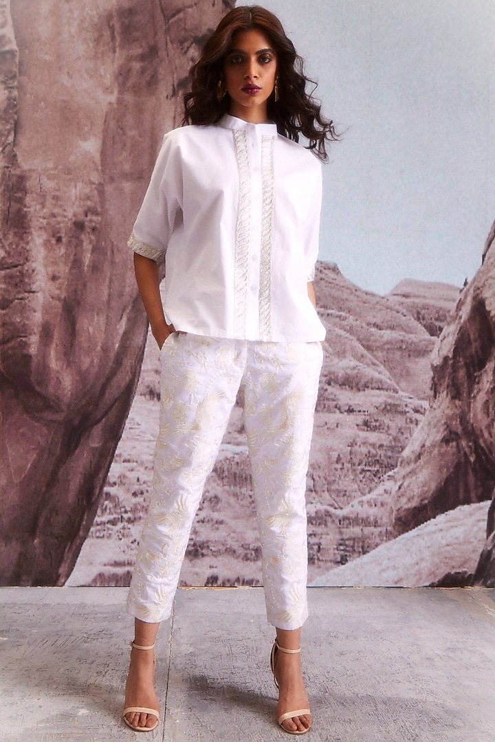 Ivory Polyester & Viscose Embroidered Tapered Pants by Dash and Dot