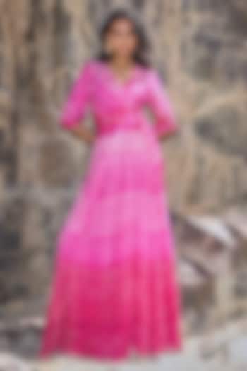 Magenta Pink Ombre Viscose Bandhani Printed Crop Shirt by Dash and Dot at Pernia's Pop Up Shop