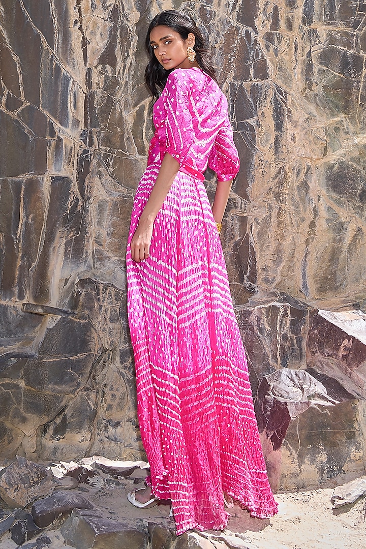 Magenta Pink Ombre Viscose Bandhani Printed Crop Shirt by Dash and Dot at Pernia's Pop Up Shop