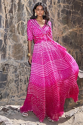 Magenta Pink Ombre Viscose Bandhani Printed A-Line Skirt by Dash and Dot
