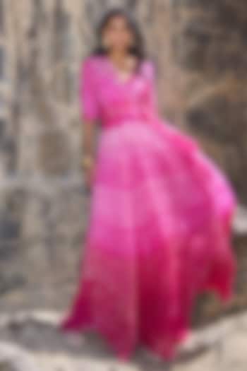 Magenta Pink Ombre Viscose Bandhani Printed A-Line Skirt Set by Dash and Dot at Pernia's Pop Up Shop