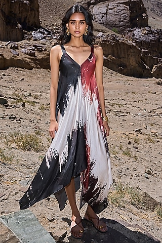 Multi-Colored Viscose Brushstroke Printed Asymmetrical Strappy Dress by Dash and Dot