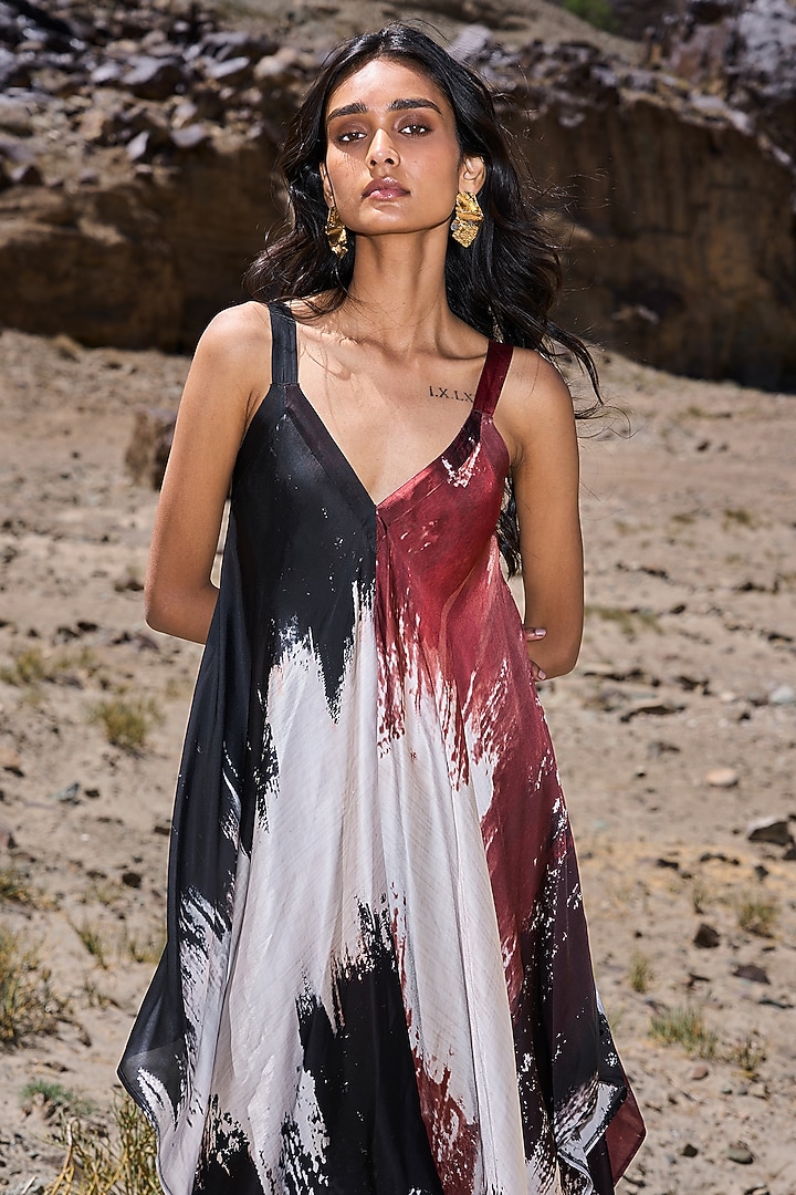 Multi-Colored Viscose Brushstroke Printed Asymmetrical Strappy Summer Dress by Dash and Dot at Pernia's Pop Up Shop