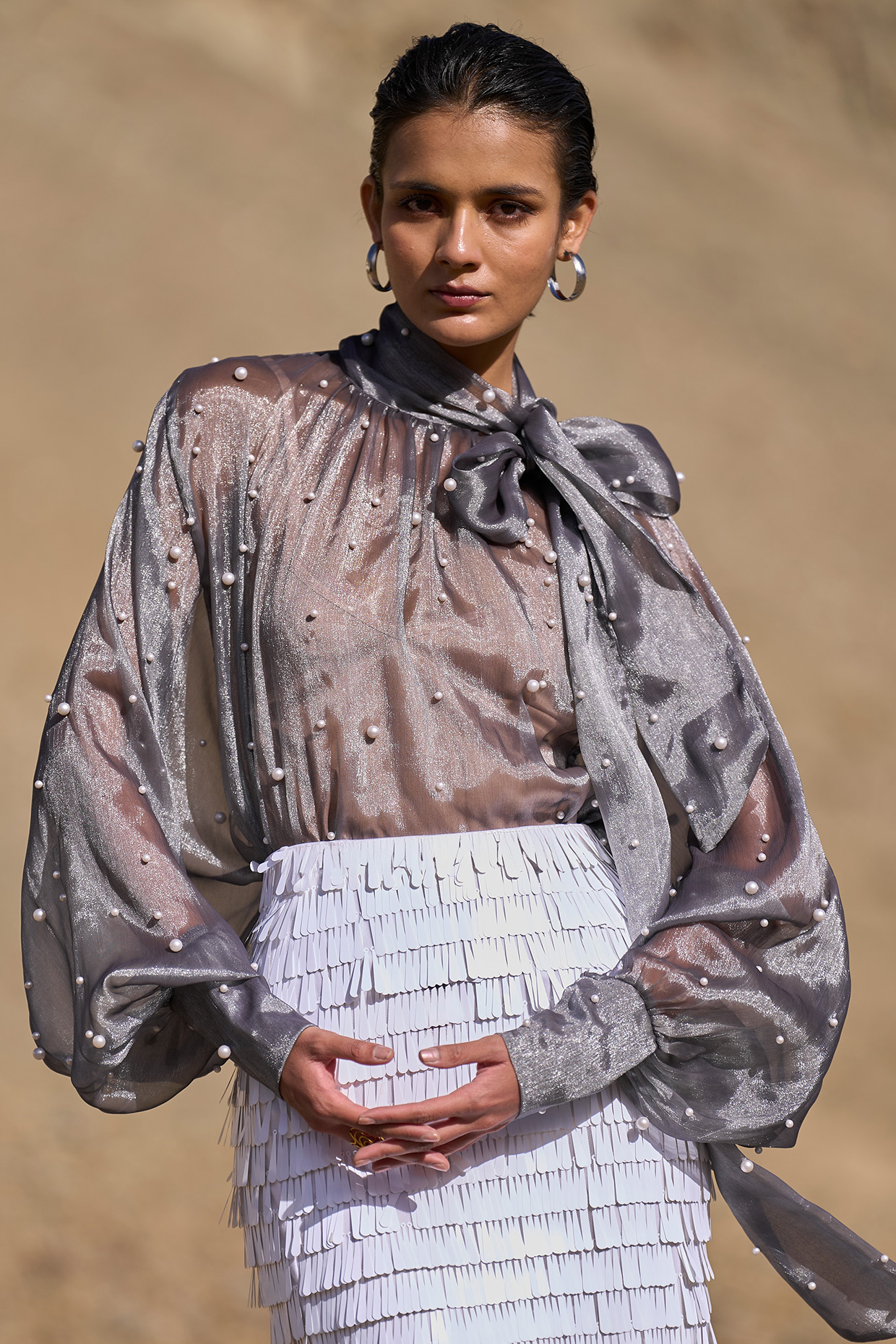 Charcoal Grey Organza 3D Pearl Embellished Boxy-Fit Top by Dash and Dot at Pernia's Pop Up Shop