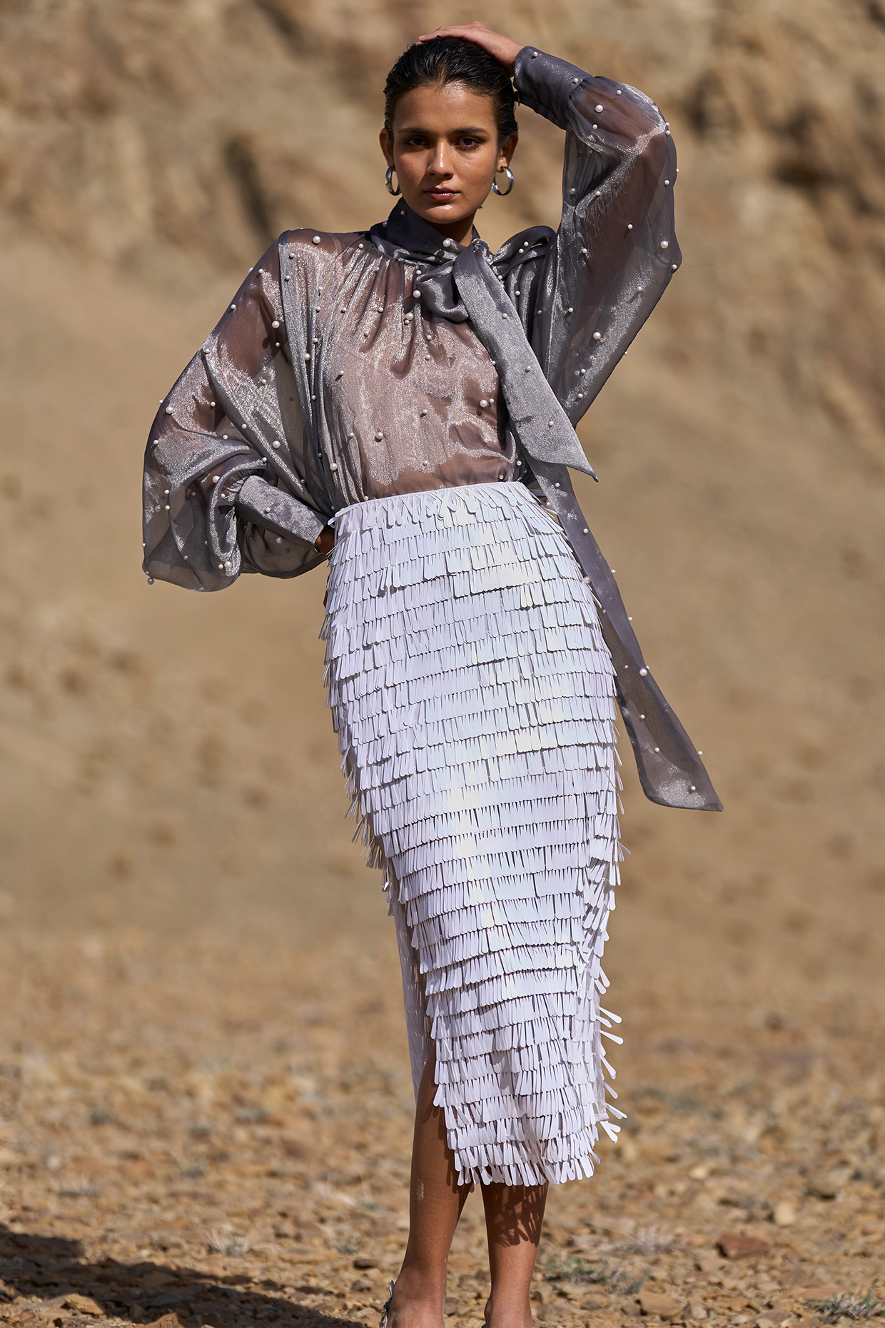 White Recycled Polyester Sequins Fringed Maxi Skirt by Dash and Dot at Pernia's Pop Up Shop