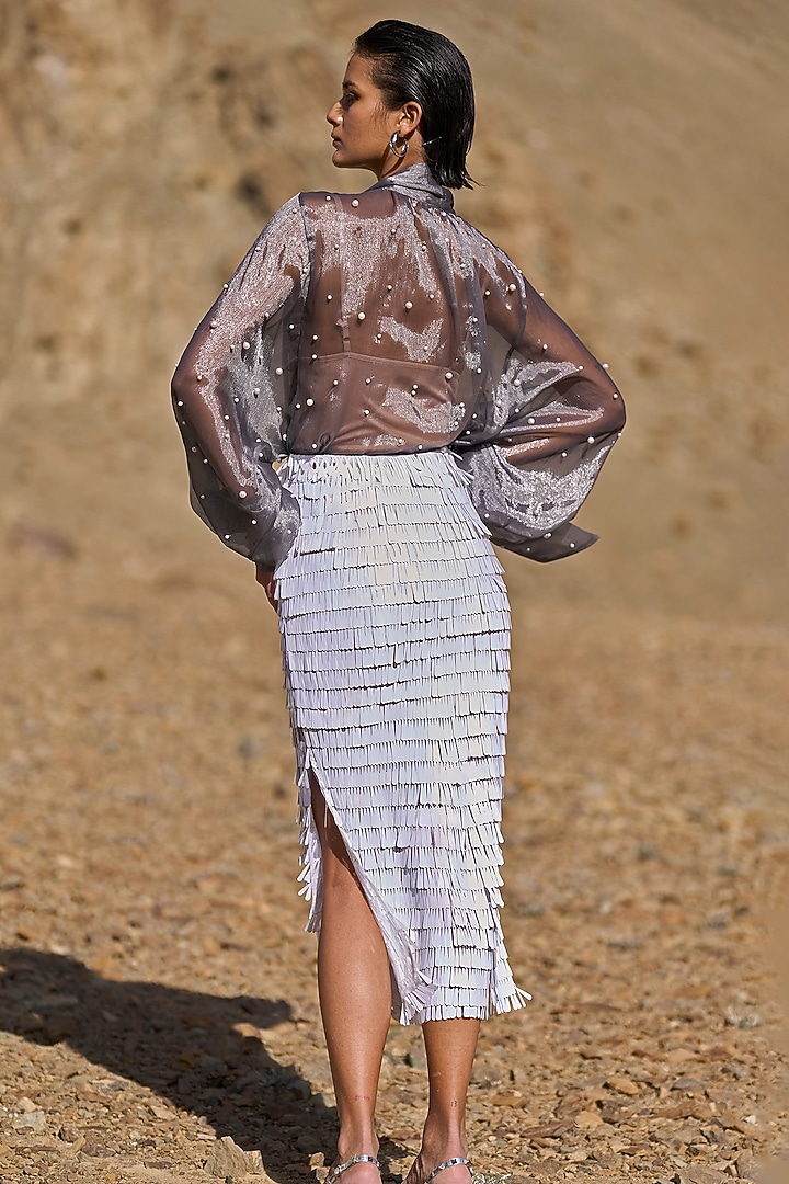 White Recycled Polyester Sequins Fringed Maxi Skirt by Dash and Dot at Pernia's Pop Up Shop