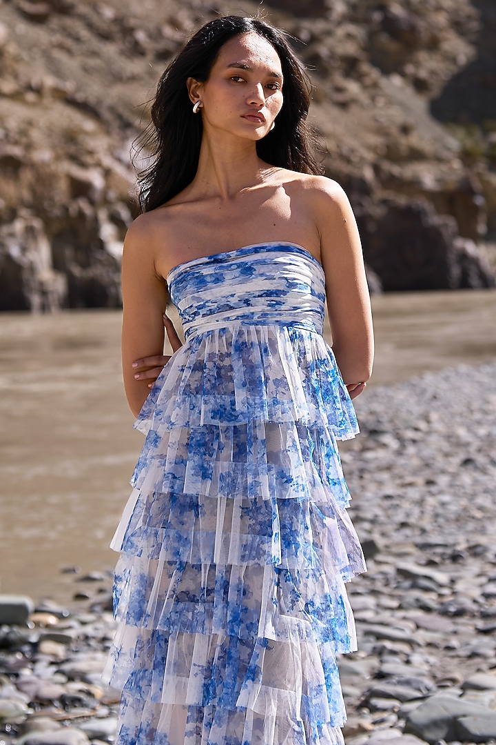Blue Recycled Polyester Floral Printed Tiered Gown by Dash and Dot at Pernia's Pop Up Shop