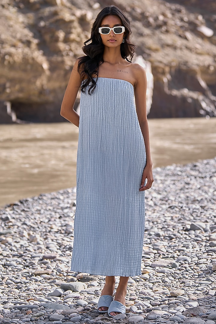 Powder Blue Recycled Polyester Crushed Crinkled Tube Summer Dress by Dash and Dot at Pernia's Pop Up Shop