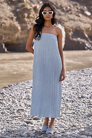 Powder Blue Recycled Polyester Crushed Crinkled Tube Dress by Dash and Dot
