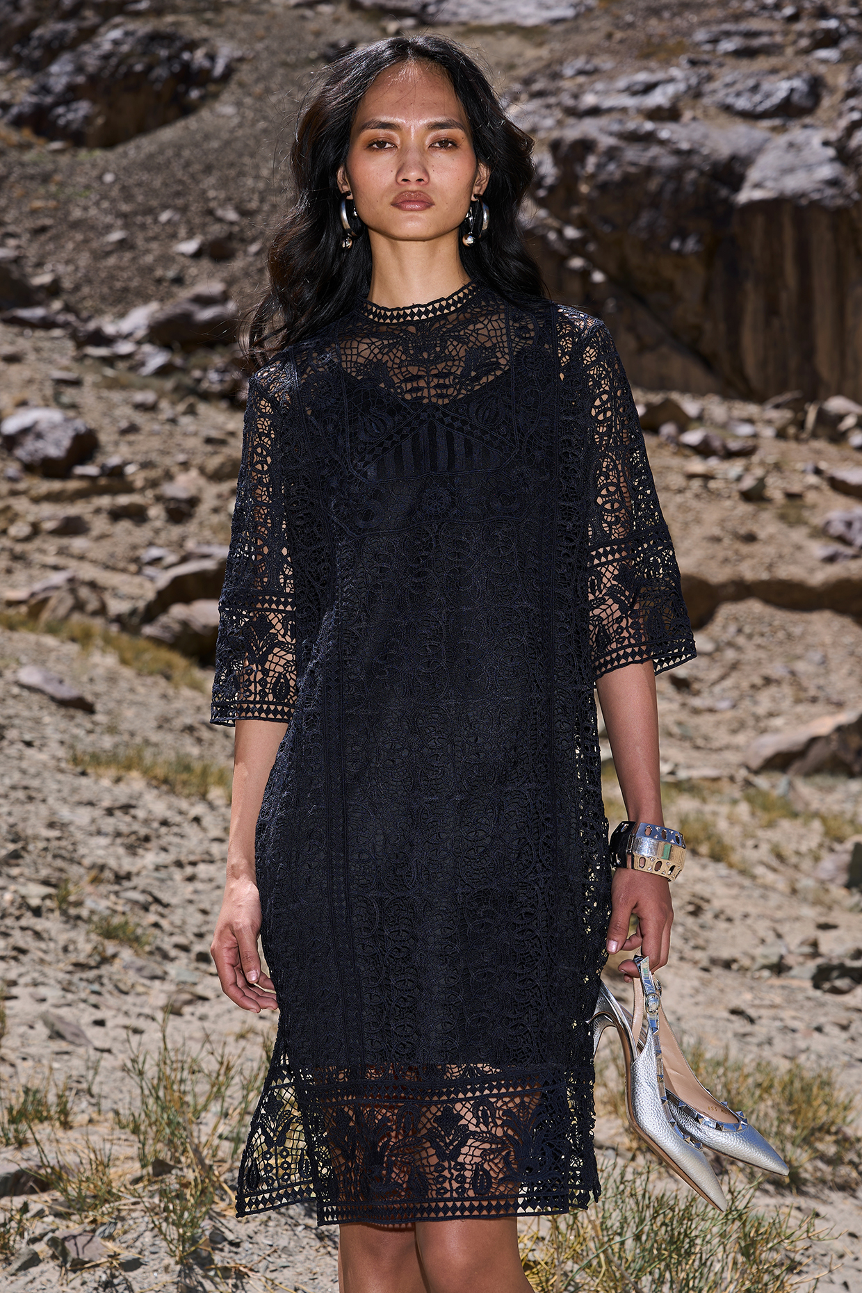 Black Recycled Polyester Boxy-Fit Lace Midi Summer Dress by Dash and Dot at Pernia's Pop Up Shop