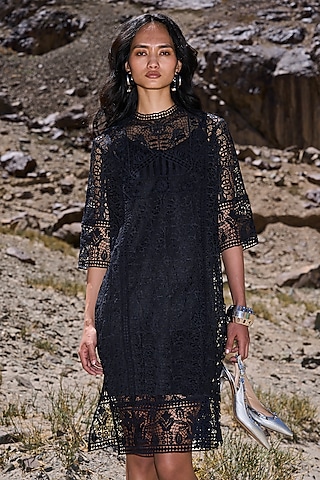 Black Recycled Polyester Boxy-Fit Lace Midi Dress by Dash and Dot