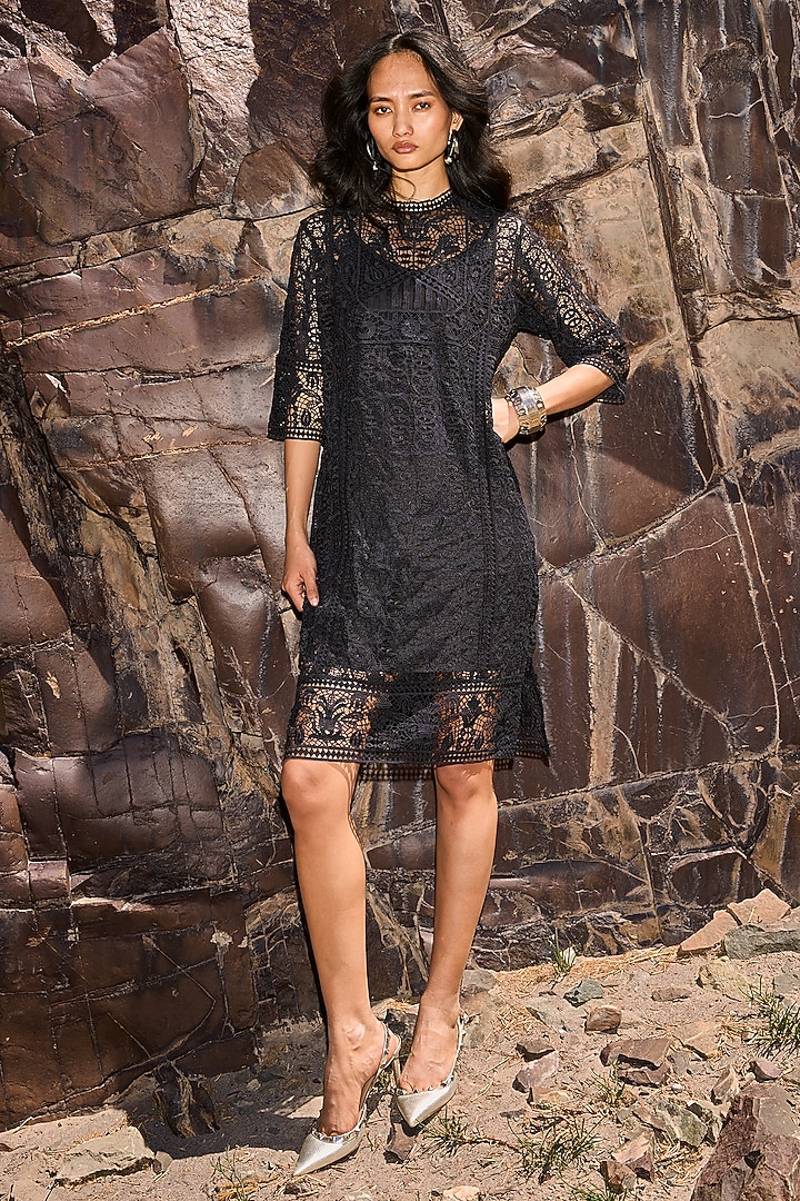 Black Recycled Polyester Boxy-Fit Lace Midi Summer Dress by Dash and Dot at Pernia's Pop Up Shop