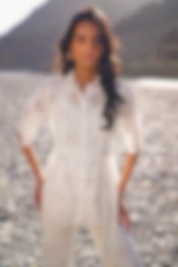 White Organic Cotton Floral Lace Cutwork Button-Down Shirt by Dash and Dot at Pernia's Pop Up Shop