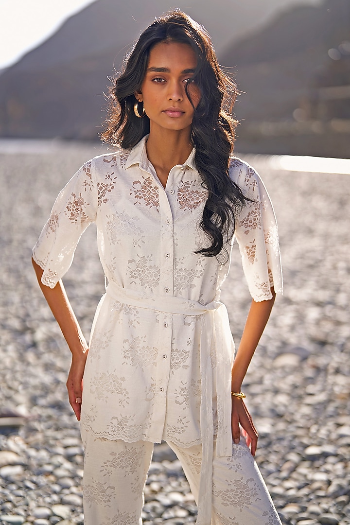 White Organic Cotton Floral Lace Cutwork Button-Down Shirt by Dash and Dot at Pernia's Pop Up Shop