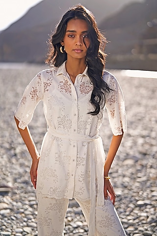 White Organic Cotton Floral Lace Cutwork Button-Down Shirt by Dash and Dot