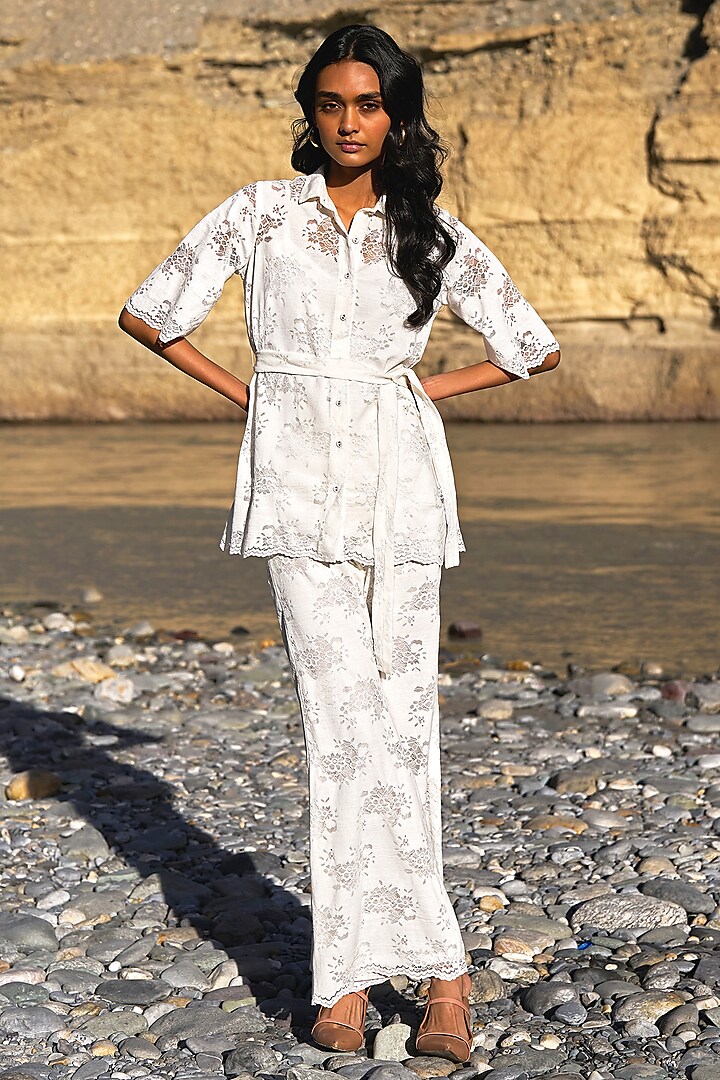 White Organic Cotton Floral Lace Cutwork Wide-Leg Pants by Dash and Dot at Pernia's Pop Up Shop