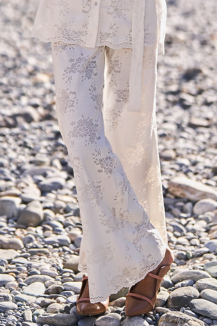White Organic Cotton Floral Lace Cutwork Wide-Leg Pants by Dash and Dot at Pernia's Pop Up Shop